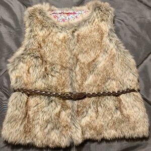 Girls Size 6 Brown Faux Fur Vest with Braided Faux Leather Belt